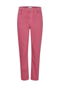 Pantalones de mujer de tiro alto y corte ajustado en un rosa polvo suave, con cierre delantero de botón y cremallera, y diseño de cinco bolsillos.