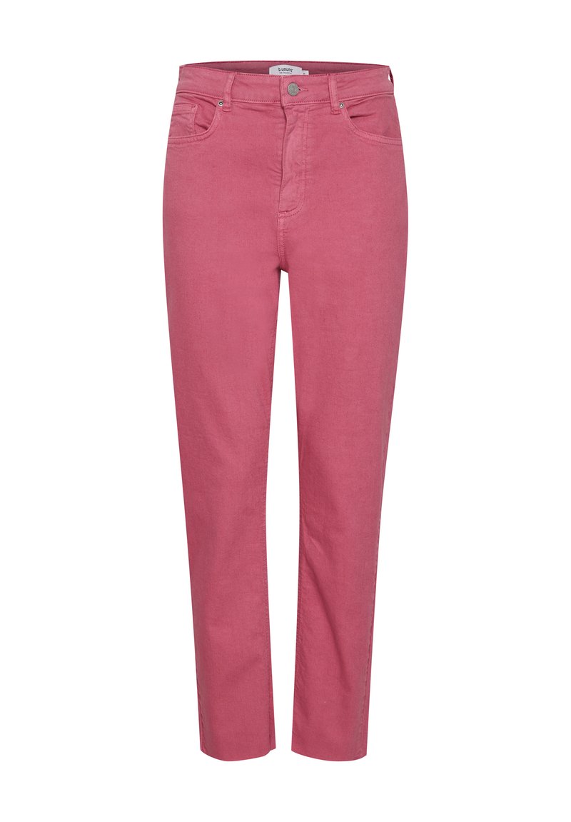 Pantalones de mujer de tiro alto y corte ajustado en un rosa polvo suave, con cierre delantero de botón y cremallera, y diseño de cinco bolsillos.