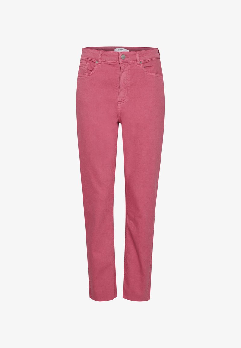 Pantalones de mujer de tiro alto y corte ajustado en un rosa polvo suave, con cierre delantero de botón y cremallera, y diseño de cinco bolsillos.