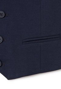 Marineblaues Stoffweste mit glatter Textur, ausgestattet mit sechs schwarzen Knöpfen und einer versteckten Seitentasche; sauberes, elegantes Design.