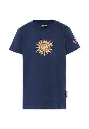 Marineblauw T-shirt met korte mouwen, met een centrale gele zonnegrafiek met een gezicht, en een letter "J" op de linkermouw.