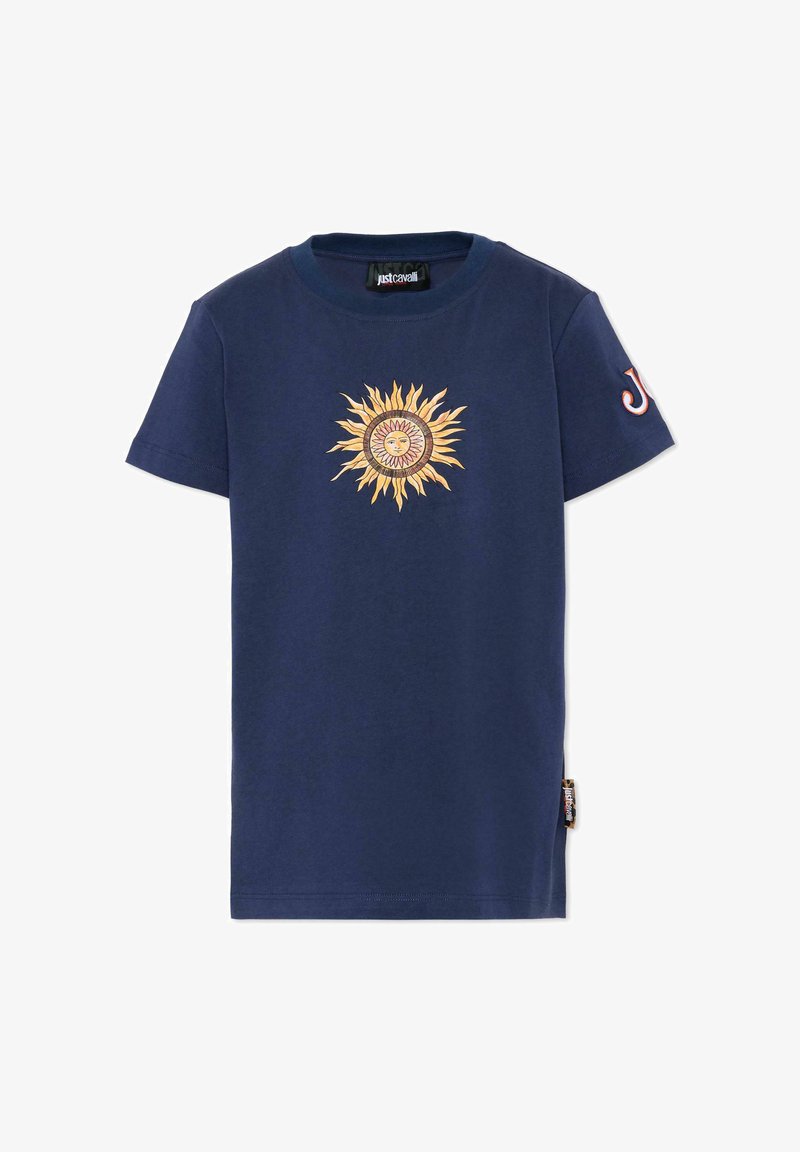 T-shirt bleu marine à manches courtes avec un motif central de soleil jaune avec un visage, et une lettre "J" sur la manche gauche.