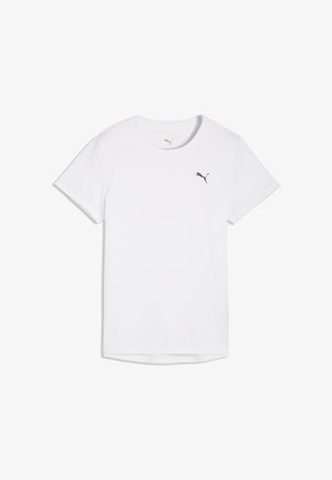 Wit T-shirt met korte mouwen en ronde hals, met een klein zwart Puma-logo op de linkerbovenkant, tegen een effen witte achtergrond.