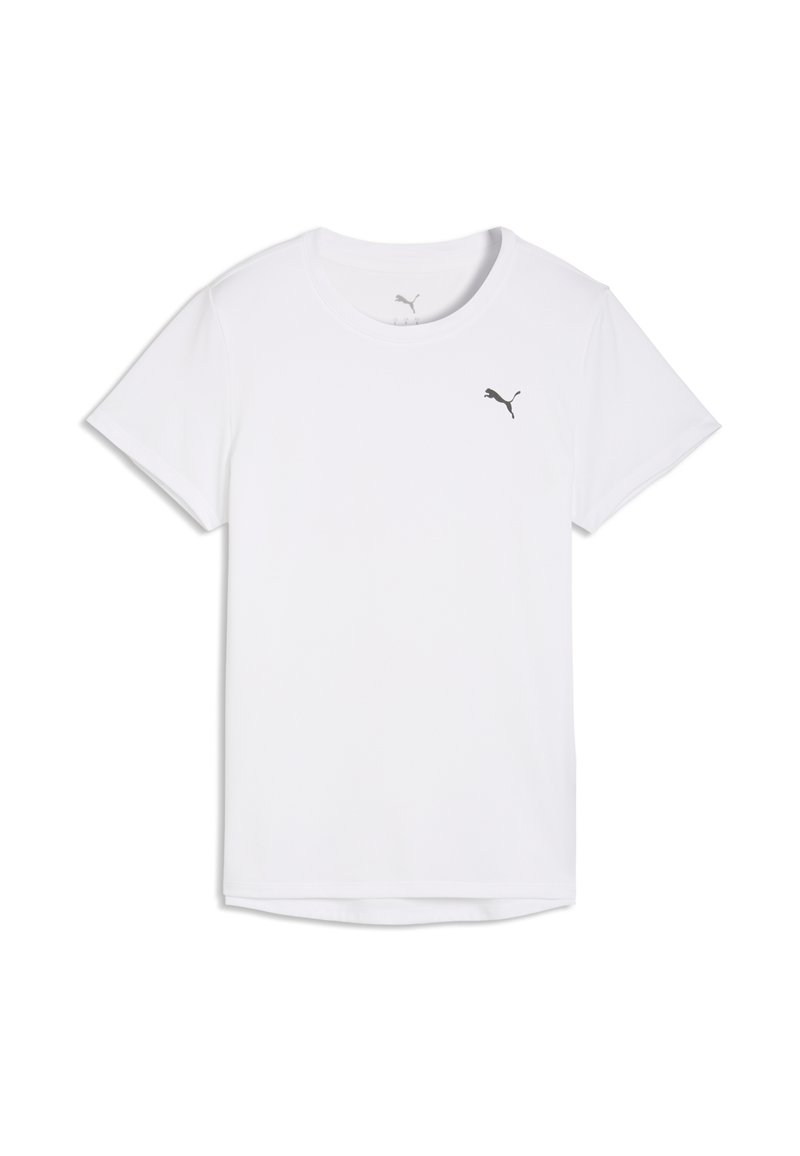 Λευκό κοντομάνικο μπλουζάκι με στρογγυλή λαιμόκοψη και μικρό μαύρο λογότυπο Puma στο αριστερό μέρος του στήθους, σε απλό λευκό φόντο.