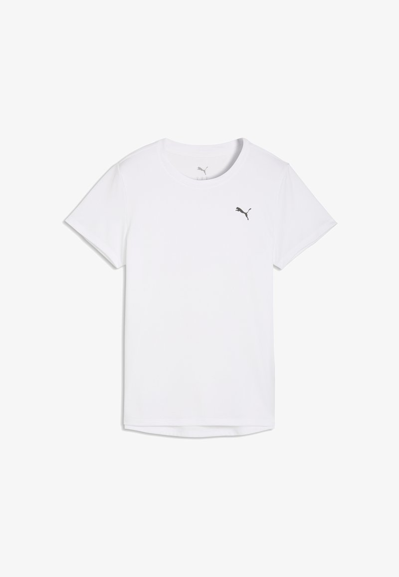 Λευκό κοντομάνικο μπλουζάκι με στρογγυλή λαιμόκοψη και μικρό μαύρο λογότυπο Puma στο αριστερό μέρος του στήθους, σε απλό λευκό φόντο.