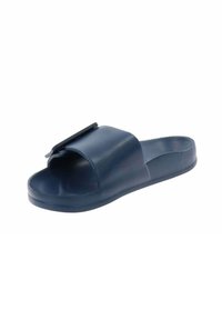 Infradito blu navy realizzato in plastica liscia, con una fascia larga e un piccolo accento nero. Design aperto davanti e facile da indossare.
