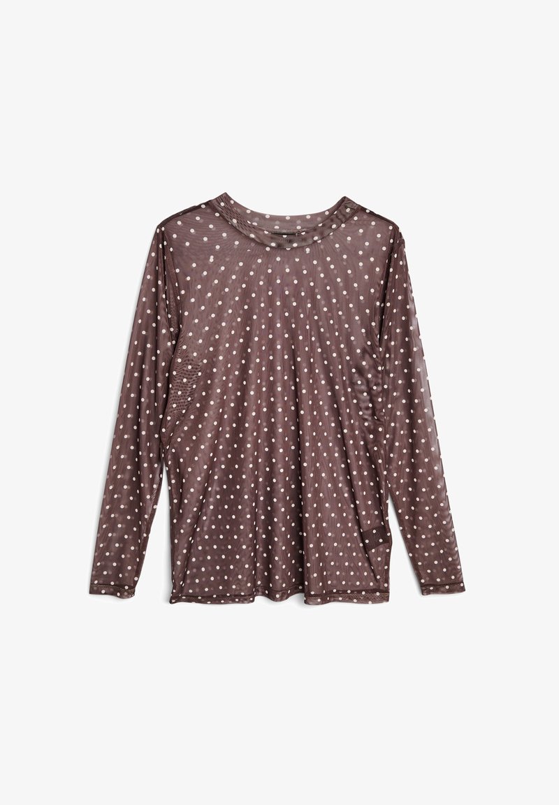 Maglietta a maniche lunghe marrone realizzata in tessuto trasparente, con pois bianchi, scollatura rotonda e una vestibilità comoda con spacchi laterali.