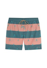 Shorts de bain avec des rayures alternées turquoise et corail. Décorés d'un motif répété de crânes et de tibias. Comprend une taille à cordon.
