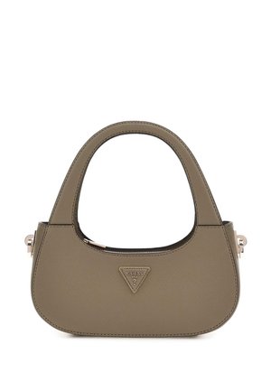 Petit sac à main en cuir taupe avec des poignées arrondies et un logo triangulaire Guess USA au centre devant.