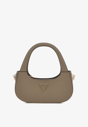 Mała torebka ze skóry w kolorze taupe z zaokrąglonymi uchwytami i trójkątnym logo Guess USA na środku z przodu.