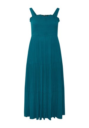 Vestito lungo senza maniche turchese con corpino arricciato, scollo quadrato e gonna ampia a balze.