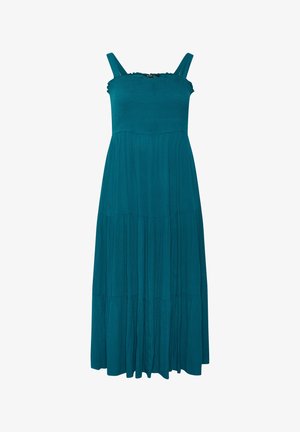 Teal mouwloze maxi-jurk met geplooide lijf, vierkante halslijn en gelaagde vloeiende rok.