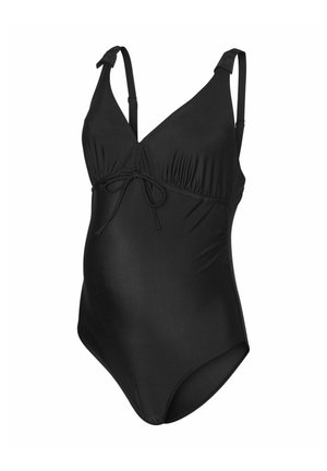 Czarny kostium kąpielowy ciążowy z dekoltem w kształcie litery V, regulowanymi ramiączkami, marszczonym przodem i wiązaniem w talii dla pewnego dopasowania.