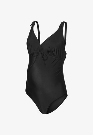 Czarny kostium kąpielowy ciążowy z dekoltem w kształcie litery V, regulowanymi ramiączkami, marszczonym przodem i wiązaniem w talii dla pewnego dopasowania.