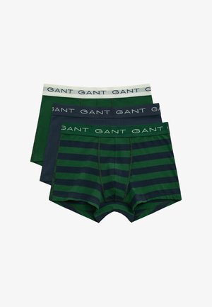 Three pairs of GANT boxer briefs featuring a blend of solid dark green, navy blue, and striped green and navy patterns, with contrasting waistbands.