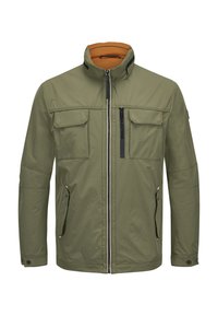 Olive green lightweight jacket with high collar, front zip, two chest pockets, and two side pockets. Smooth texture with black accents.