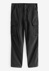 Schwarze Cargo-Hosen aus strapazierfähigem Material, mit mehreren Seitentaschen, geradem Bein-Design und verstärkten Nähten.