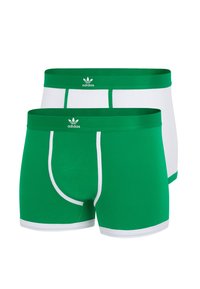 Boxer da uomo in cotone verde e bianco con vita elasticizzata a contrasto e rifiniture bianche. Presenta il logo Adidas al centro davanti.