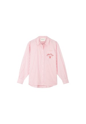Pink and white vertical striped long-sleeve button-up shirt with a chest pocket featuring red text and a heart graphic.