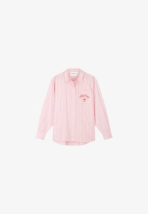 Pink and white vertical striped long-sleeve button-up shirt with a chest pocket featuring red text and a heart graphic.