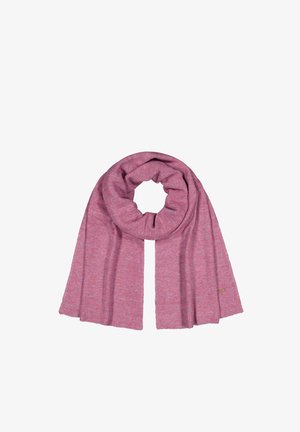 Pink knitted scarf with a soft texture, features a rounded shape, and ribbed edges. Includes a small branded tag on one end.