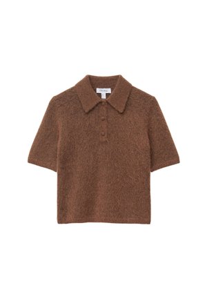 Kurzarmpullover in Braun, gefertigt aus flauschigem Material mit glatter Textur, ausgestattet mit einem Kragen und einer dreiknöpfigen Knopfleiste.