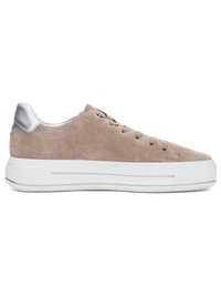 Beige suede low-top sneaker with white thick rubber sole, beige laces, and silver heel accent, shown in side profile.