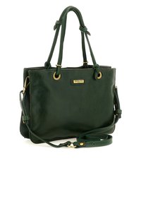 Borsa a mano in pelle verde scuro con manici doppi e tracolla regolabile, caratterizzata da hardware dorato e una piccola placca con il marchio.