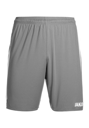 Graue Sportshorts mit elastischem Bund, ausgestattet mit weißen Seiteneinsätzen und dem Markennamen "JAKO" in weißen Buchstaben unten rechts.