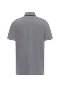 Graues Poloshirt aus strukturiertem Stoff, mit kurzen Ärmeln und einem kontrastierenden Kragen. Die Rückansicht zeigt ein sauberes Design ohne sichtbare Logos.