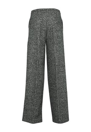 Pantaloni a gamba larga in un tessuto grigio texturizzato con un motivo a macchie. Vita elastica, vestibilità comoda e orlo dritto.