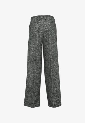 Pantalons à jambes larges en tissu gris texturé avec un motif tacheté. Taille élastique, coupe ample et ourlet droit.