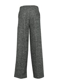 Pantaloni a gamba larga in un tessuto grigio texturizzato con un motivo a macchie. Vita elastica, vestibilità comoda e orlo dritto.