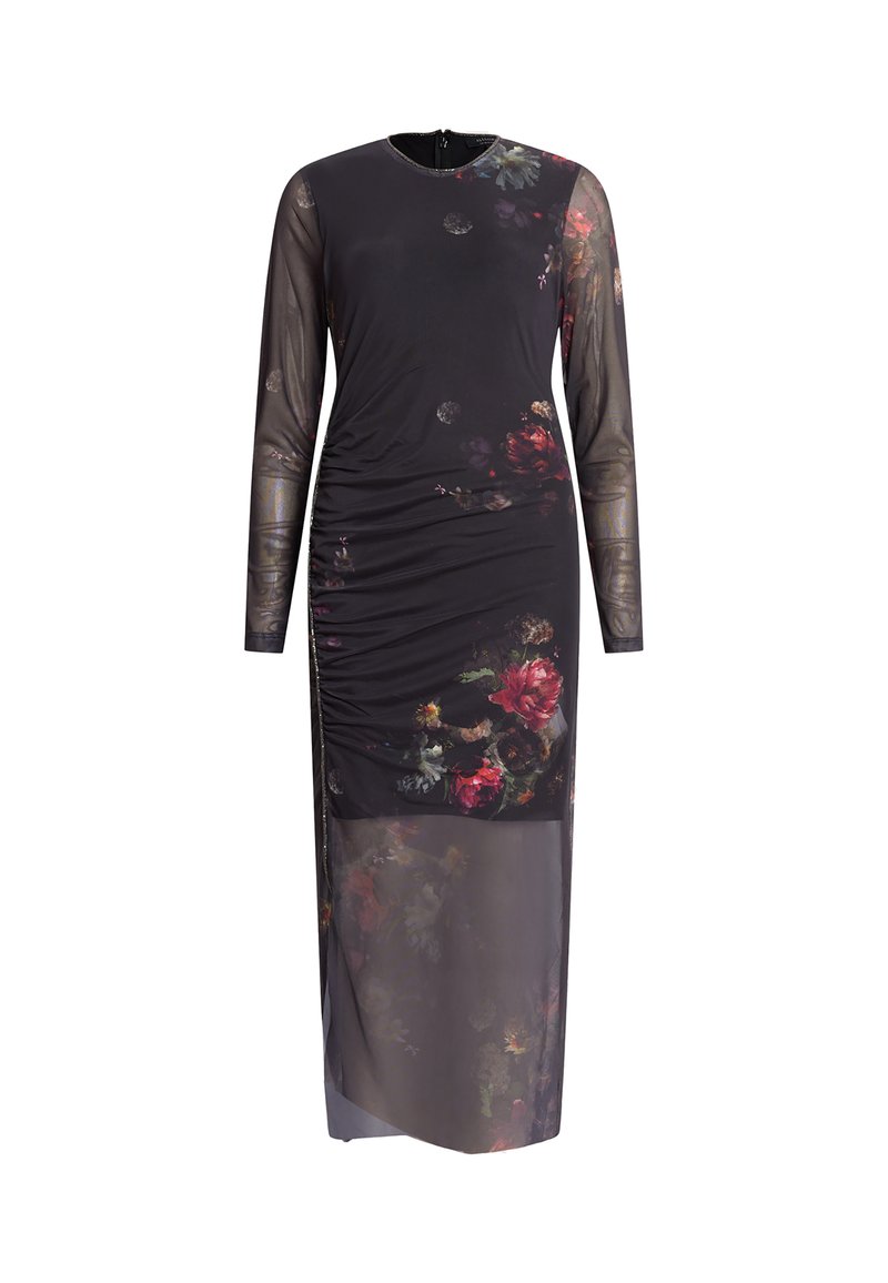 Vestido negro de manga larga con estampado floral, tejido transparente, detalles fruncidos y corte recto, con escote redondo y cierre de cremallera en la parte posterior.