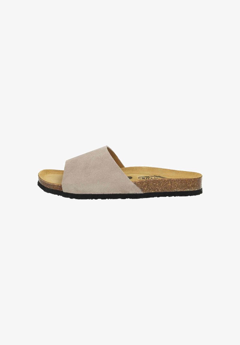 Suede slip-on sandal in light beige with a wide crossover strap, cork footbed, and black rubber sole. Minimalist design with textured finish.