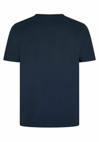 Marineblauw katoenen t-shirt met korte mouwen, ronde hals en een gladde, uniforme textuur. Geen zichtbare logo's of patronen op de achterkant.