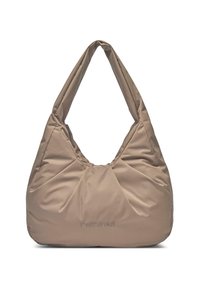 Beige, weiche Stofftasche in lässiger Form, mit doppelten Griffen und geraffter Textur. Sie verfügt über ein dezentes Logo auf der Vorderseite.