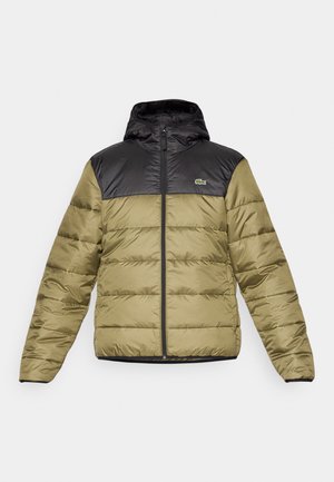 Jachetă puffer cu trup de culoare verde măslinie și glugă neagră, având o textură matlasată, fermoar frontal și un detaliu mic cu logo pe piept.