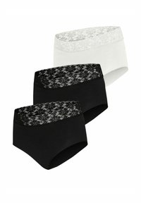 Sous-vêtements hipsters en coton noir et blanc avec dentelle. Présente un motif de dentelle florale sur la ceinture. Vendu par lot de trois.