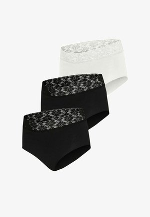 Sort og hvid bomulds hipster undertøj med blonder. Har et blomstermotiv i blonder på livet. Sælges i tre-pack.