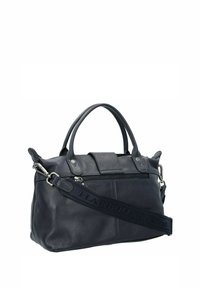 Sac à main en cuir marine avec une finition texturée, deux poignées, une bandoulière réglable et une poche avant. Doté d'accents en métal argenté.