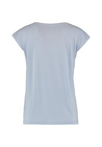 Light blue, short-sleeve T-shirt. Soft, stretchy fabric with a round neckline and a relaxed fit. No patterns or embellishments present.