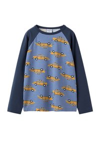 Blauwe sweatshirt met lange marineblauwe mouwen, voorzien van een herhaald print van gele taxi's, ronde halslijn en zachte textuur.