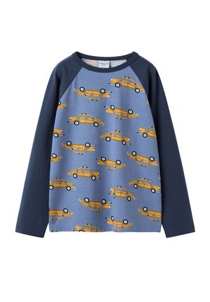 Sininen collegepusero pitkillä tummansinillä hihoilla, joka on koristeltu toistuvalla keltaisen taksin printillä, pyöreä pääntie ja pehmeä texture.