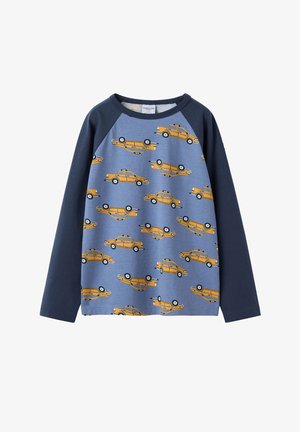 Sininen collegepusero pitkillä tummansinillä hihoilla, joka on koristeltu toistuvalla keltaisen taksin printillä, pyöreä pääntie ja pehmeä texture.