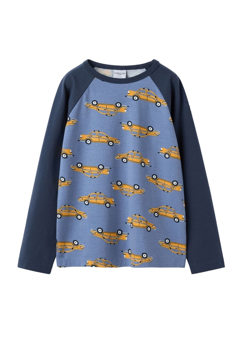 Blauwe sweatshirt met lange marineblauwe mouwen, voorzien van een herhaald print van gele taxi's, ronde halslijn en zachte textuur.