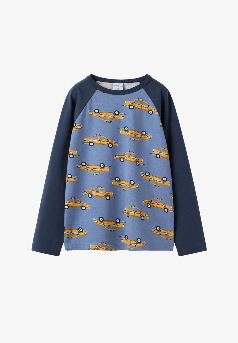 Sininen collegepusero pitkillä tummansinillä hihoilla, joka on koristeltu toistuvalla keltaisen taksin printillä, pyöreä pääntie ja pehmeä texture.