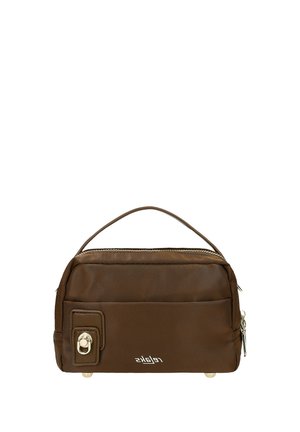 Bruine rechthoekige leren handtas met een bovenhandvat, voorvak met rits, kleine decoratieve gesp en metalen pootjes aan de onderkant.