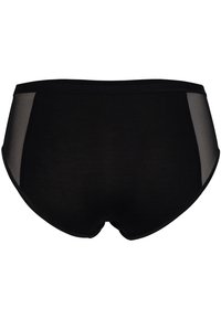 Zwarte high-waisted onderbroek met een solide stoffen achterkant en doorzichtige mesh zijpanelen. Zacht materiaal met een gladde textuur.