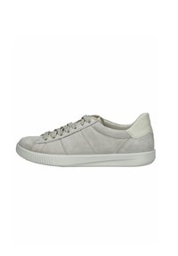 Hellgraue Wildledersneaker mit runder Zehenform, Schnürung und weißer Gummisohle. Verfügt über minimale Nähte und einen glatten Ferseneinsatz.